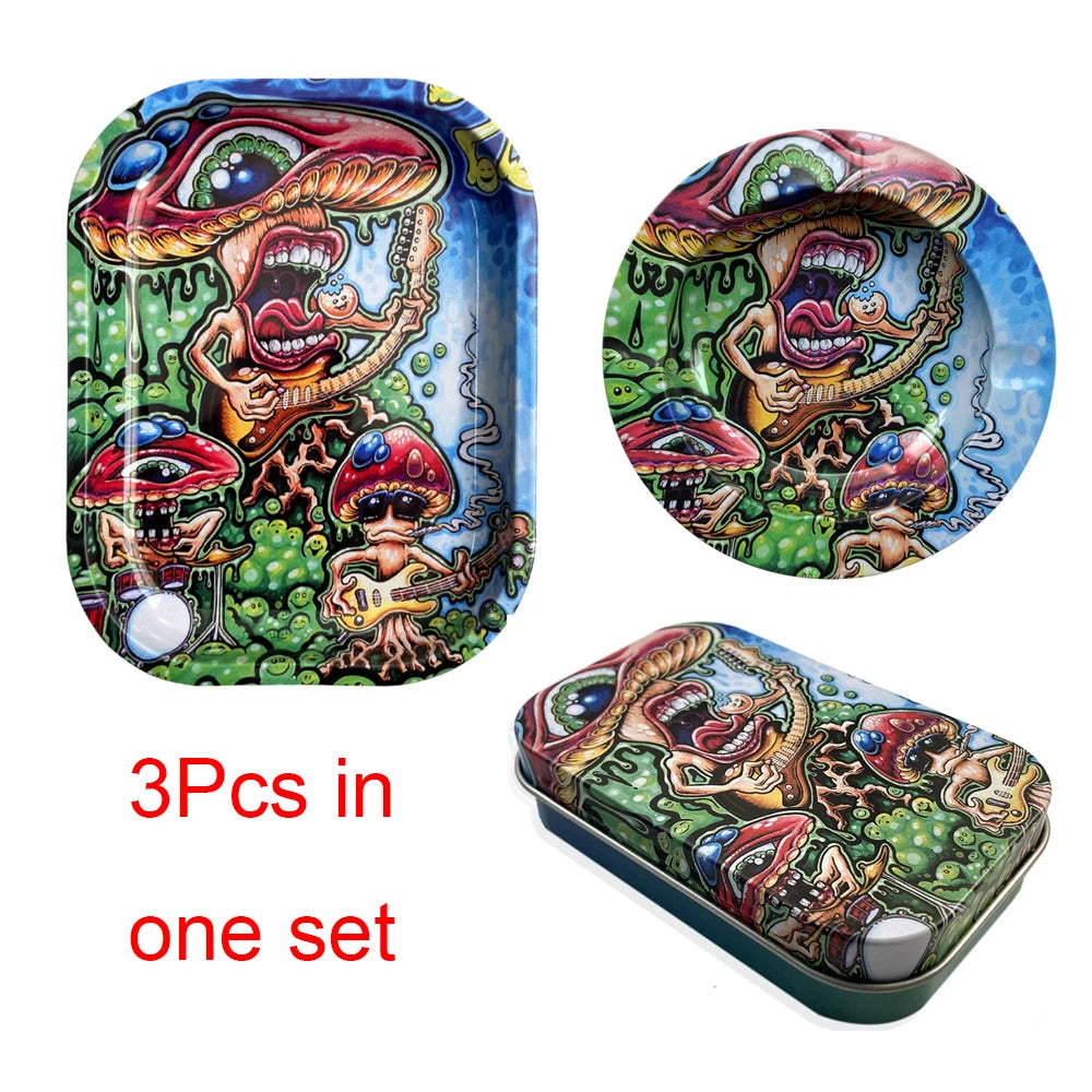 3Pcs Metal Tobacco Round Ashtray Cigarette Case Accessory Set