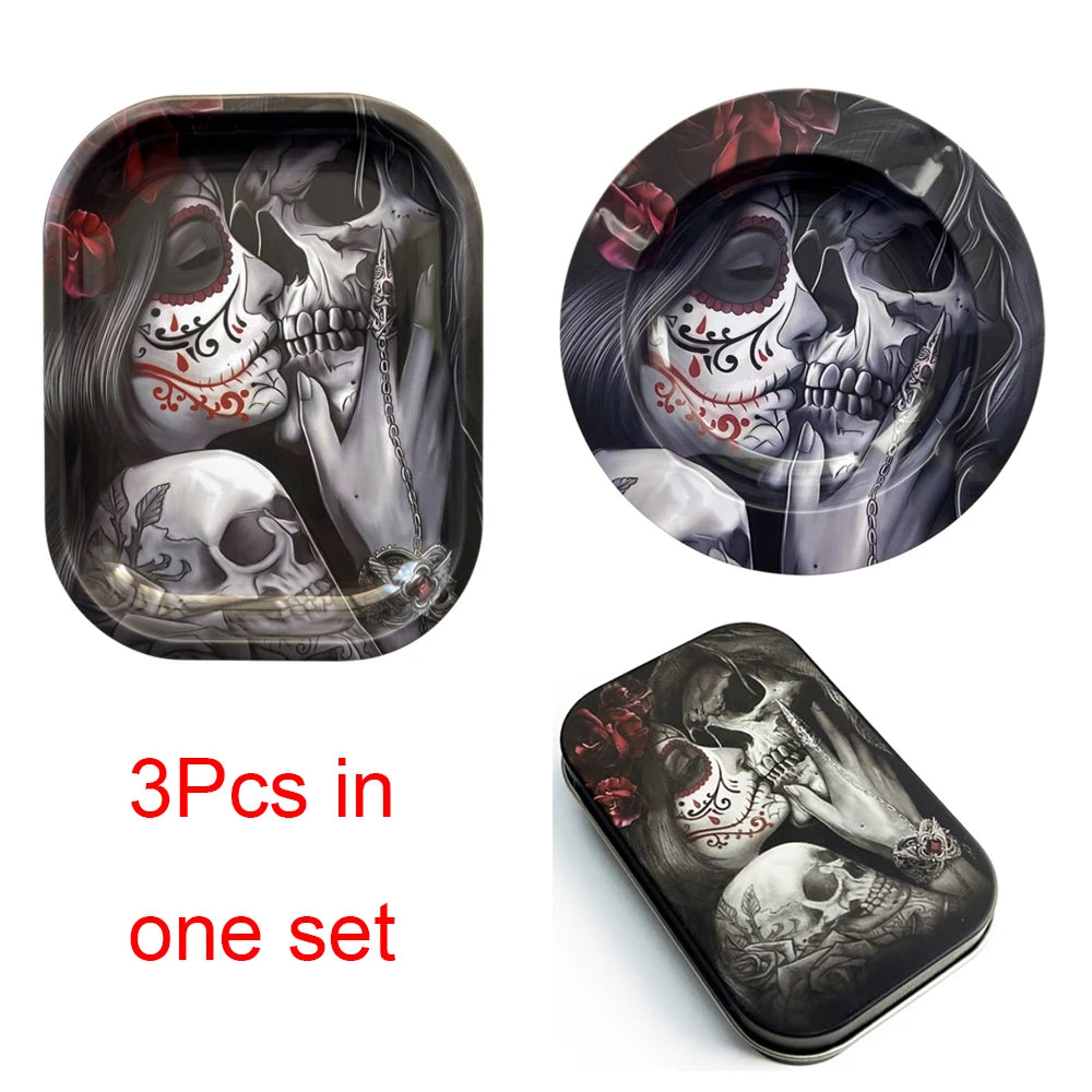 3Pcs Metal Tobacco Round Ashtray Cigarette Case Accessory Set