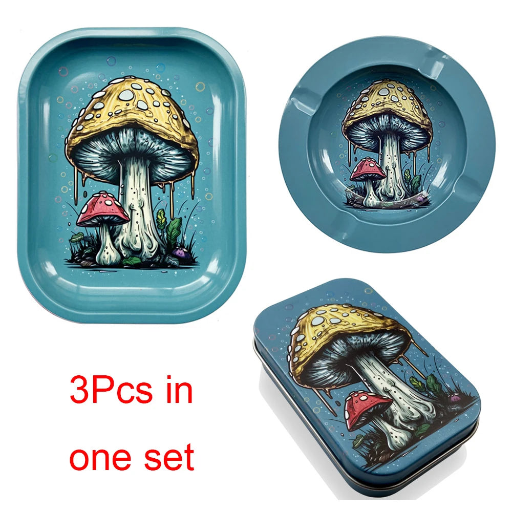 3Pcs Metal Tobacco Round Ashtray Cigarette Case Accessory Set